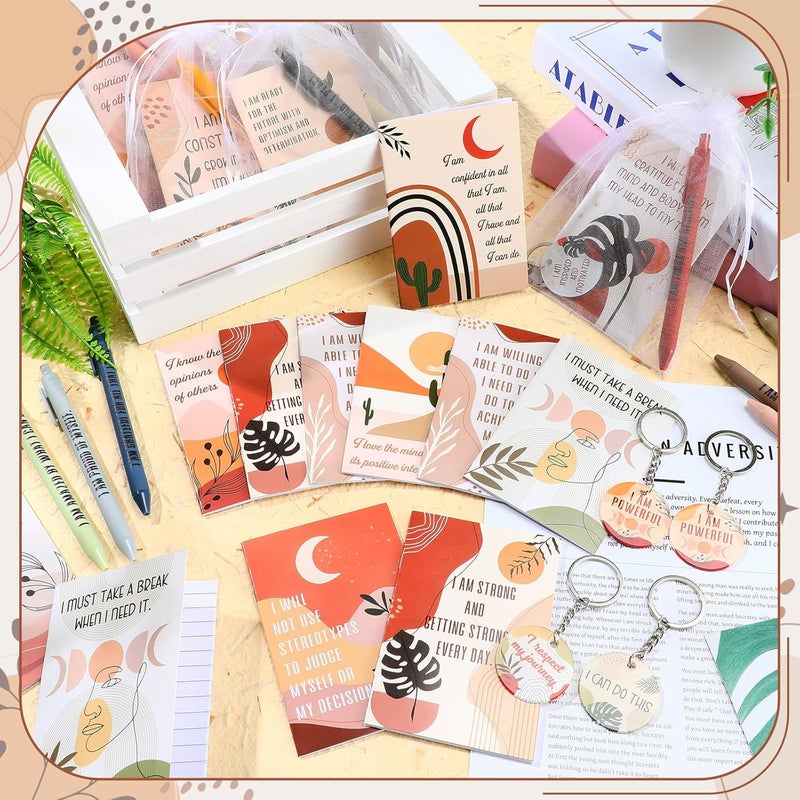 Mooliwe 72 Pcs/24 Set Positive Affirmation Gift Set Gratitude Notebooks with Pens Acrylic Keychains Small Bags Motivational Notepads for Women Coworkers Christmas Adults Party Favors (Boho) - Image 3